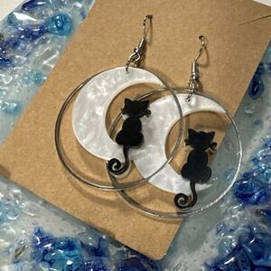 Cat on Moon Earrings/ Cat on Crescent Moon Drop Earrings/ Cute Cat Earrings